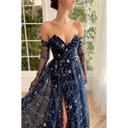 A-line V Neck Pleats Start Tulle Sparkly Prom Dress