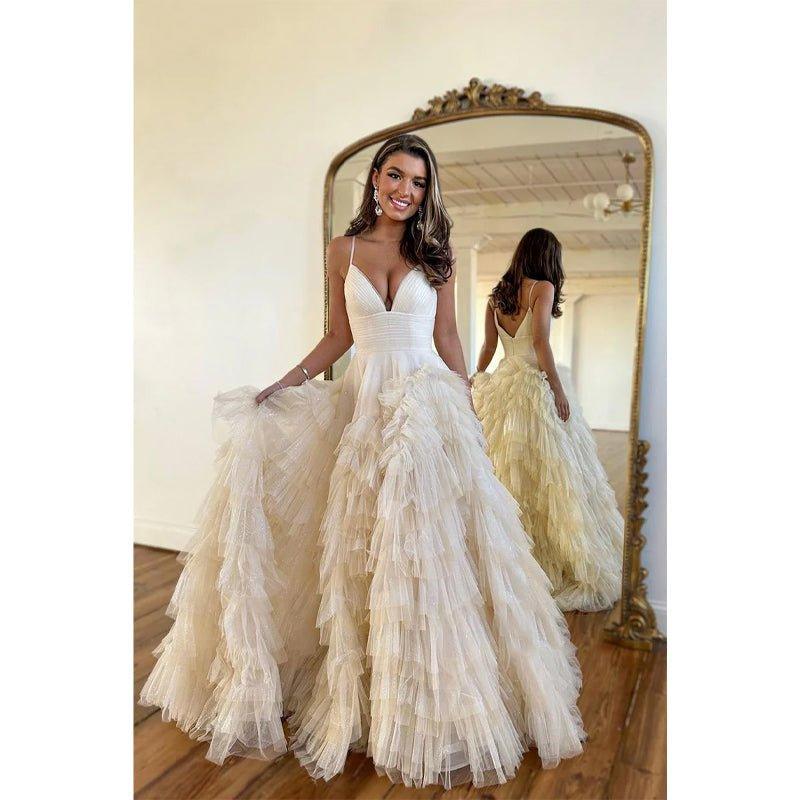 A Line V Neck Ruffles Tulle Sparkly Prom Dress