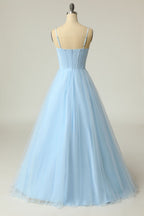 A Line Spaghetti Straps Light Purple Long Prom Dress
