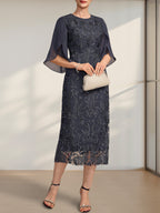 Sheath/Column Scoop Tea-Length Lace Chiffon Mother of the Bride Dress
