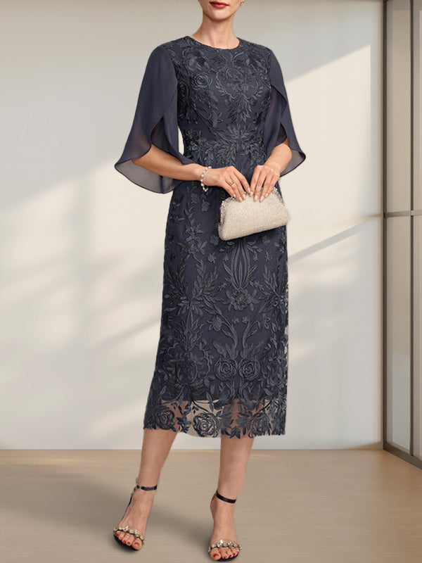 Sheath/Column Scoop Tea-Length Lace Chiffon Mother of the Bride Dress