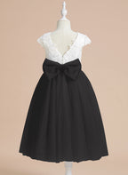 A-line Satin Tulle Tea-length First Communion Flower Girl Dress