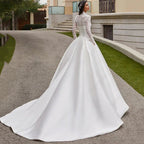 Satin Lace Ball Gowns For Bridal Appliques Full Sleeves Wedding Dresses Vestidos De Noiva Mariage Princess Custom Made