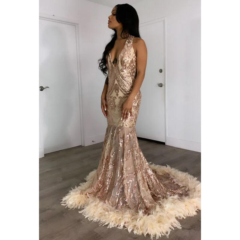 V-Neck Sleeveless Sequins Sheer Tulle Feather Mermaid Long Prom Evening Dress