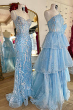 Princess A Line One Shoulder Blue Corset Prom Dress with Ruffles