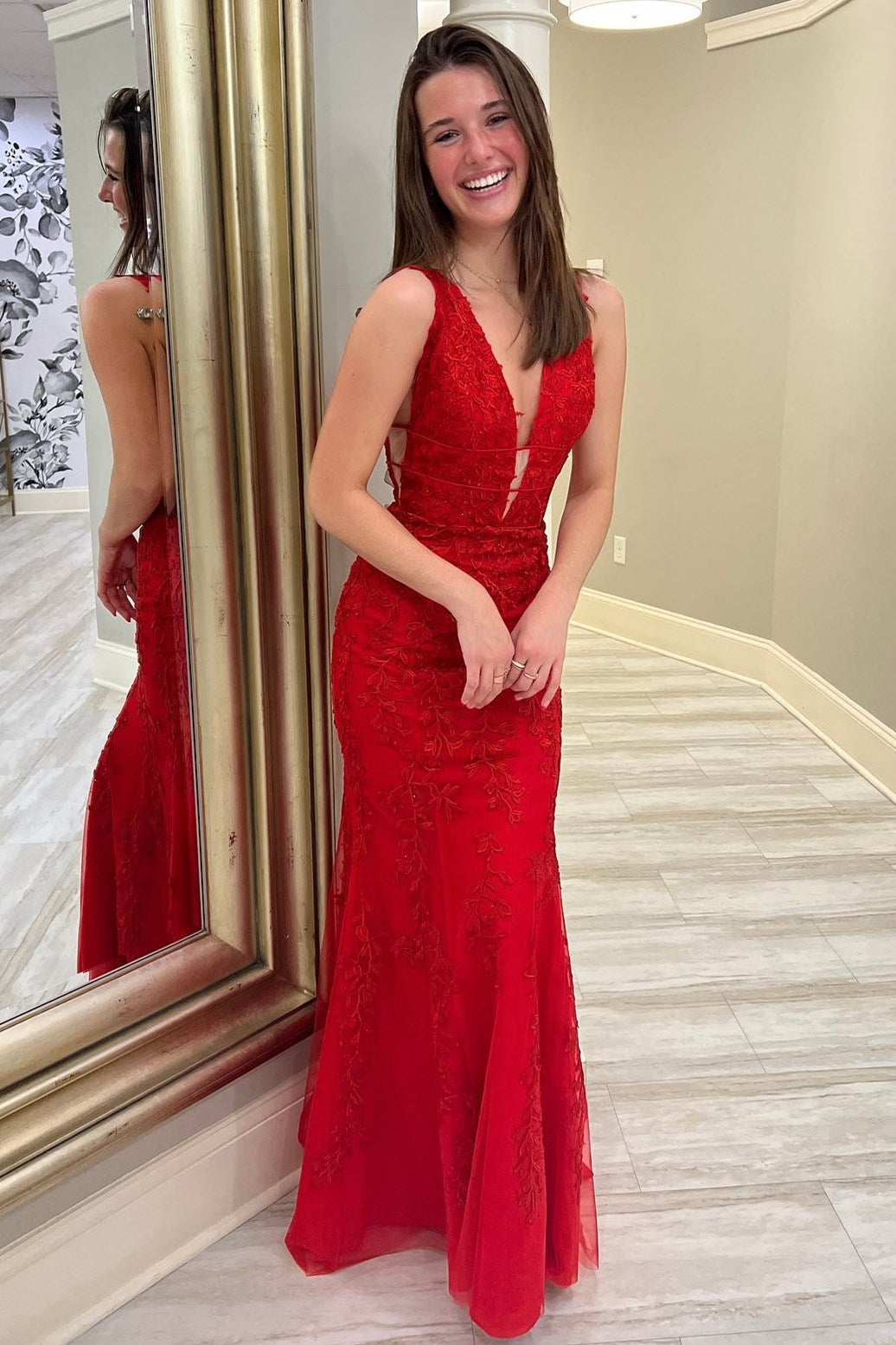 Mermaid Plunge V Neck Lace Prom Dress