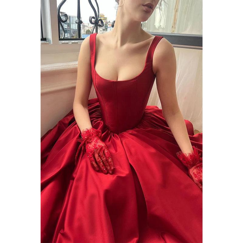 Satin A-line Spaghetti Straps with Side Slit Train Party Prom Evening Dress