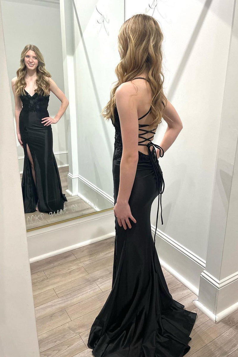 V Neck Satin Mermaid Long Prom Dresses with Slit