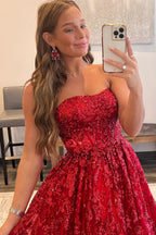 A Line Strapless Red Long Prom Dress