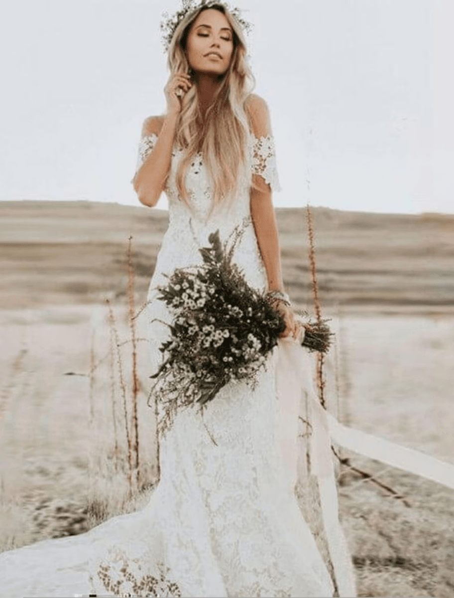 Beach Boho Wedding Dresses Chapel Train Mermaid / Trumpet Short Sleeve Off Shoulder Lace With Appliques Solid Color