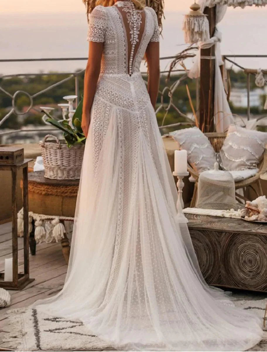 Beach Boho Wedding Dresses Court Train A-Line Short Sleeve High Neck Lace With Appliques