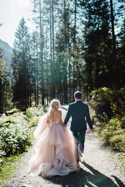 Beautiful A-line V-neck Backless Tulle Sleeveless Wedding Dresses