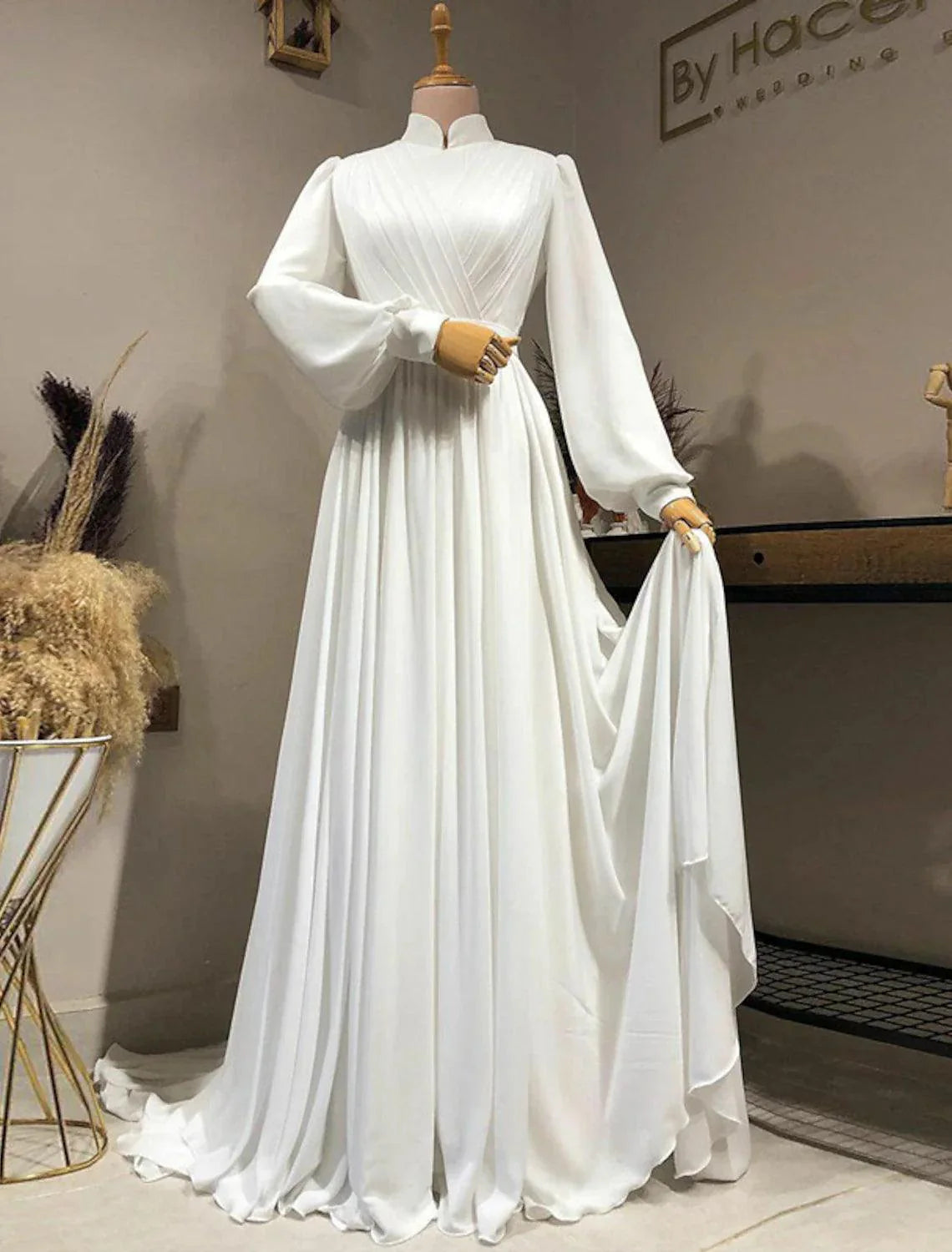 Hall Vintage 1940s / 1950s Casual Fall Wedding Dresses A-Line High Neck Long Sleeve Court Train Chiffon Bridal Gowns With Pleats Solid Color