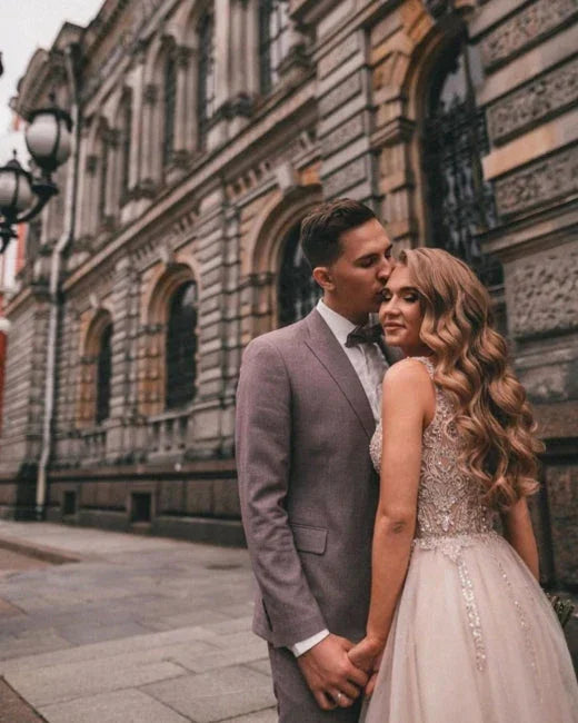 Boho A-line V-Neck Slit Wedding Dresses with Lace