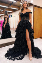 Periwinkle Tulle Appliques Off-the-Shoulder Ruffle Long Prom Dress
