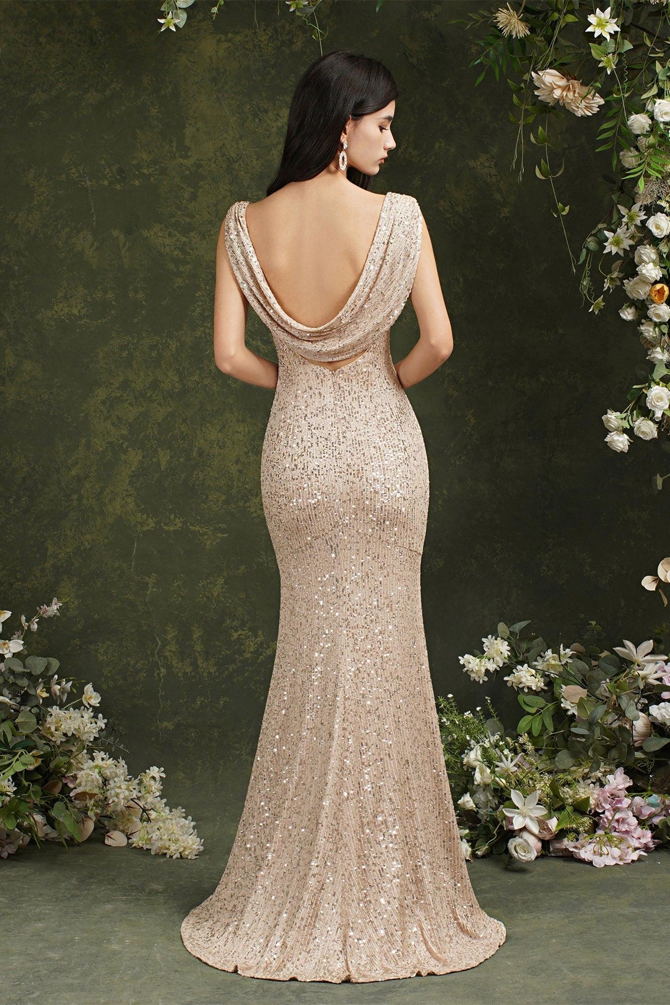 Brilliant Scoop Neck Sequins Backless Mermaid Bridesmaid/Prom Dress With Side Slit