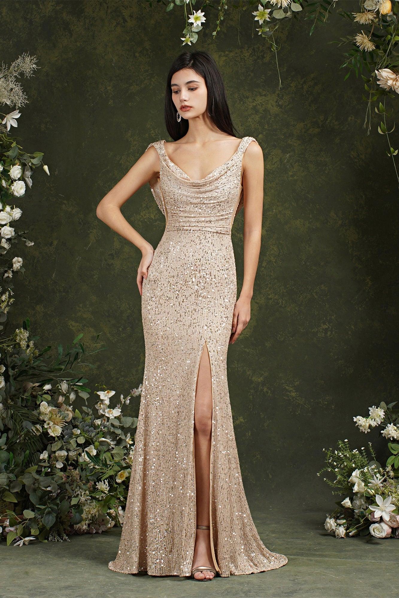 Brilliant Scoop Neck Sequins Backless Mermaid Bridesmaid/Prom Dress With Side Slit