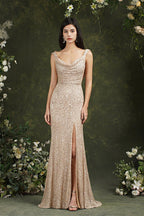 Brilliant Scoop Neck Sequins Backless Mermaid Bridesmaid/Prom Dress With Side Slit