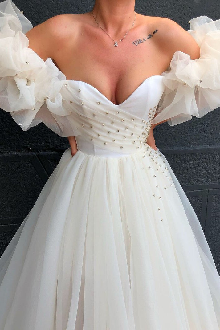 Bubble Sleeves Tulle Ball Dresses With Crystals Off-the-Shoulder