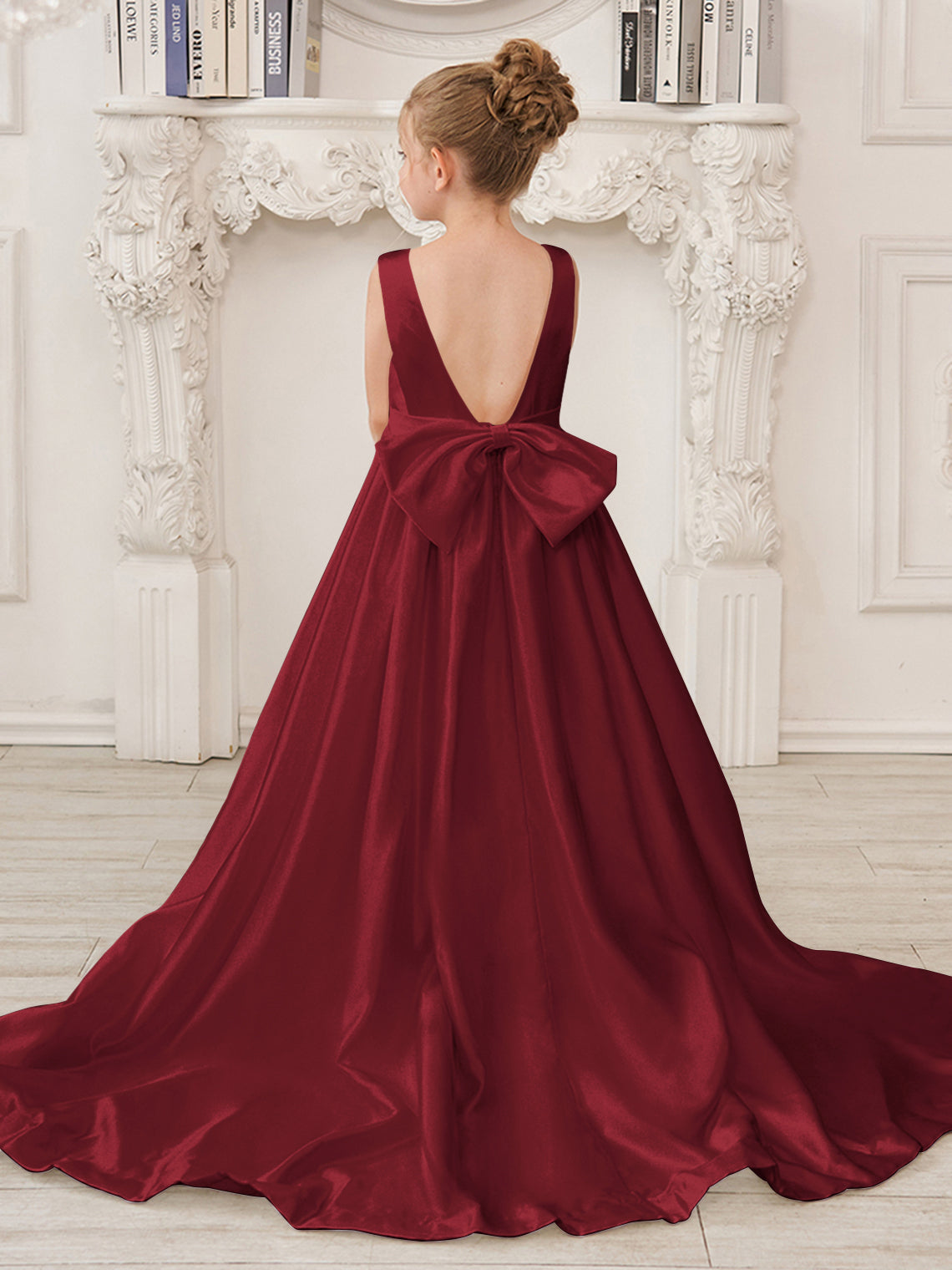 A-Line Princess Sleeveless Satin Flower Girl Dress with Sweep Train and Bow