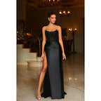 Scoop Strapless Sleeveless Sequined Ruched Satin Sheath Long Evening Dress