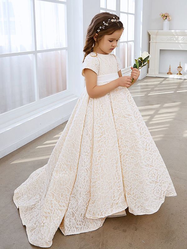 A-line Lace Sweep Train Ivory Dress (010146744)