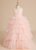 Ball-Gown/Princess Pearl Pink Sleeveless Tulle Bow Flower Girl Dress