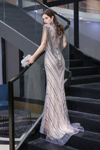 Cap Sleeves High Neck Sparkly Beads Floor-Length Mermaid Evening Party Gown