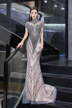 Cap Sleeves High Neck Sparkly Beads Floor-Length Mermaid Evening Party Gown