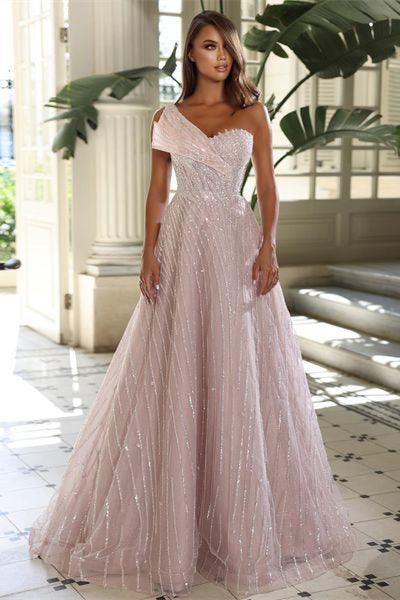 Charming Floor Length Sweetheart Sleeveless One-Shoulder A-Line Sequined Prom Dress