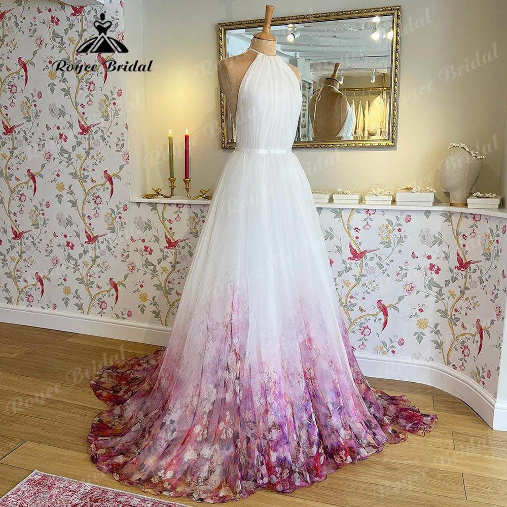 Chaste Print Flower Garden Bridal V Neck Princess Wedding Dress  Vestidos Wedding Gowns Ball Gowns Custom Made NumberSea