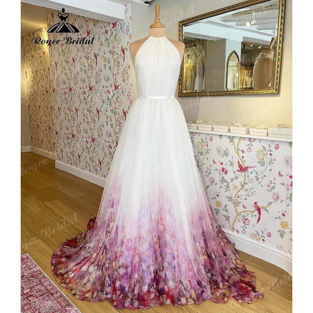 Chaste Print Flower Garden Bridal V Neck Princess Wedding Dress  Vestidos Wedding Gowns Ball Gowns Custom Made NumberSea