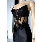 Chic Bateau Beaded Appliques Illusion with Side Slit Prom Evening Dress