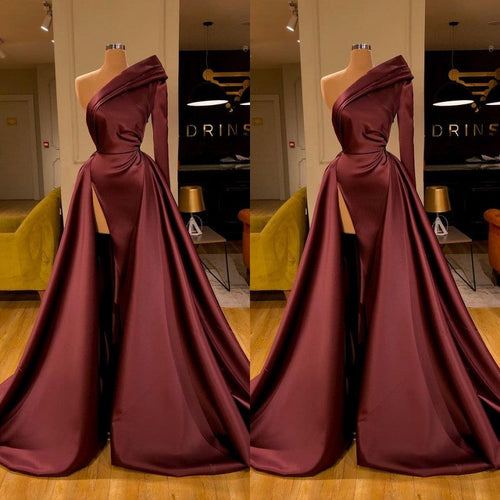 Chic Long Sleeve Evening Dress With Split On Sale One Sleeve