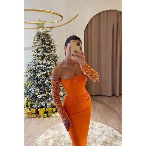 Chic Long Sleeves Off-Shoulder Sheath Ruched Formal Prom Dress