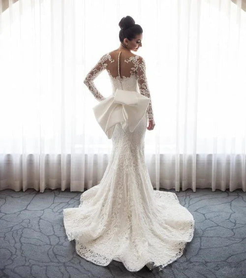Chic Mermaid Lace Long Sleeves Wedding Dress With Detachable Train