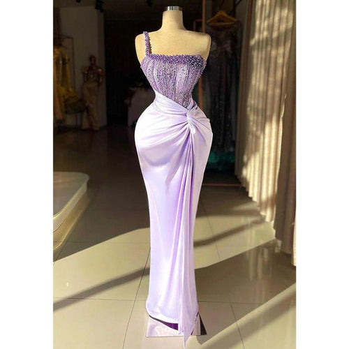 Chic & Modern One Shoulder Beaded Illusion Lilac Pleats Satin Prom Dress