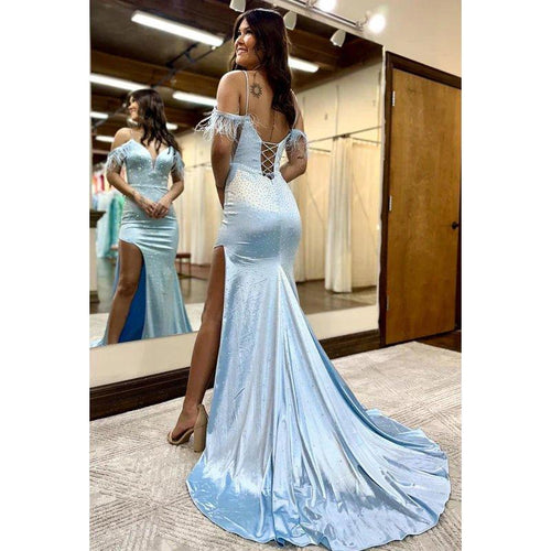 Chic & Modern Spaghetti Straps Cap Sleeves V-Neck Side Slit Trumpet Formal Prom Dress