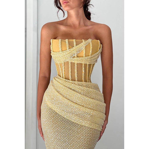 Chic Strapless Beaded Embroidery Pleats Sheer Long Prom Evening Dress