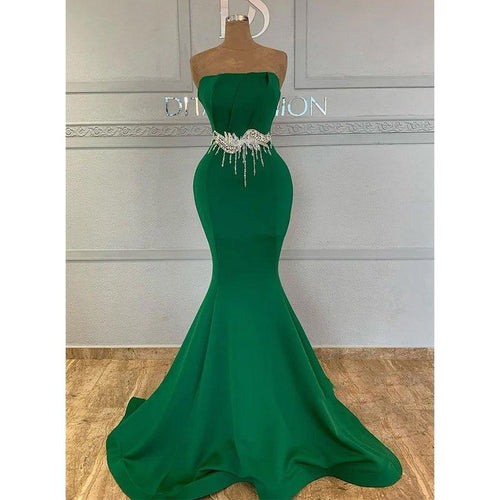 Chic Strapless Green Satin Pleats Mermaid Long Formal Evening Gowns