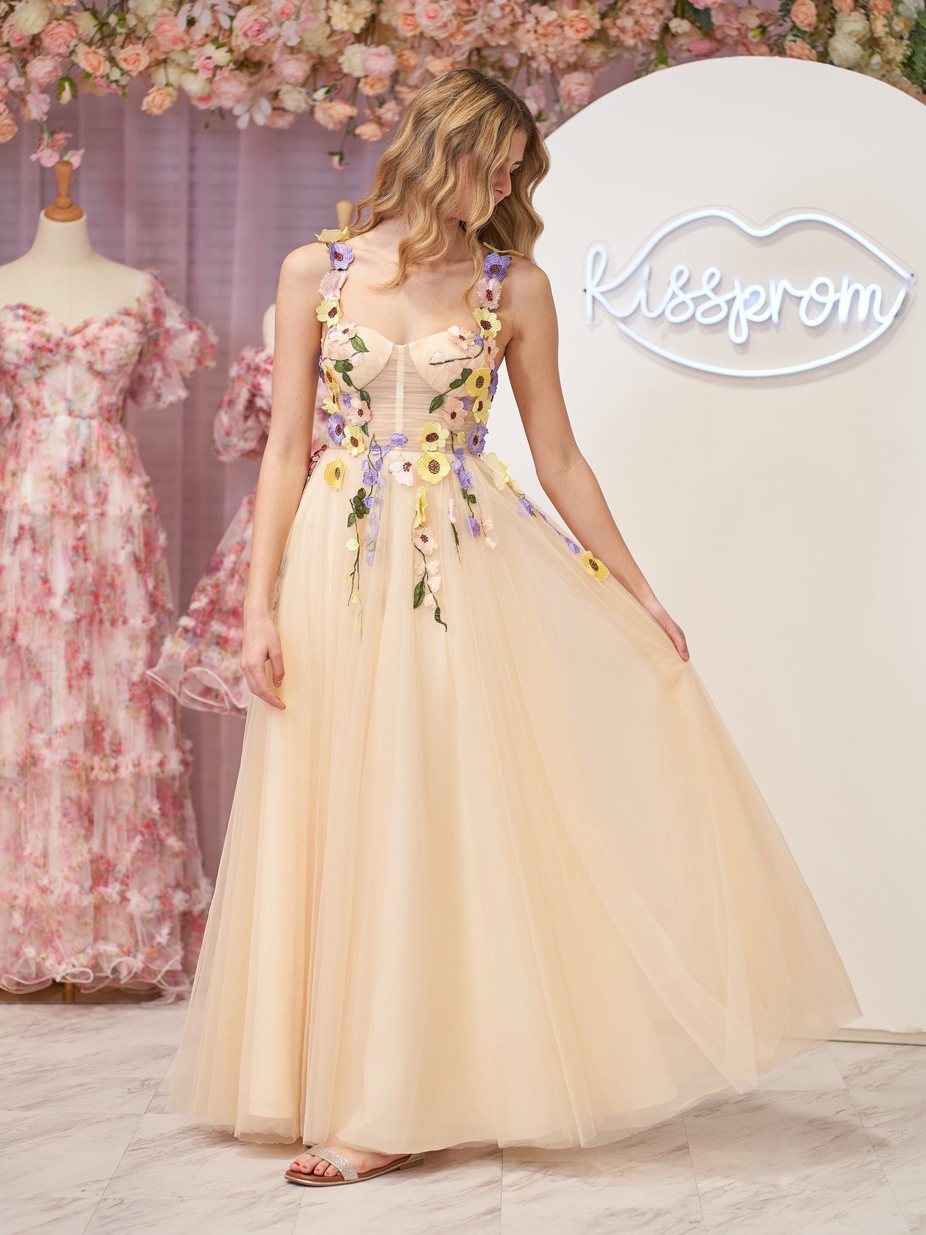 A-Line Corset Midi Prom Dress with 3D Flowers