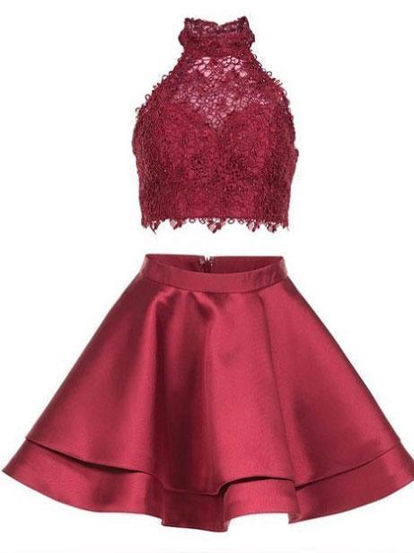 Cute Two Pieces Lace Satin Short Prom Dress Homecoming Dress