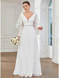 Hall Boho Wedding Dresses Floor Length A-Line Long Sleeve V Wire V Neck Chiffon With Lace Solid Color