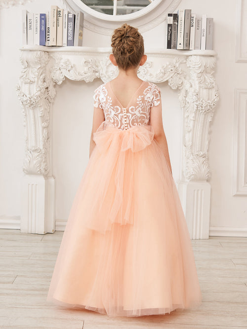 A-line Lace Tulle Sweep Train Pink Flower Girl Dress