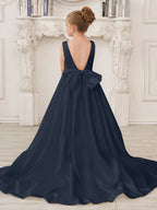 A-Line Princess Sleeveless Satin Flower Girl Dress with Sweep Train and Bow