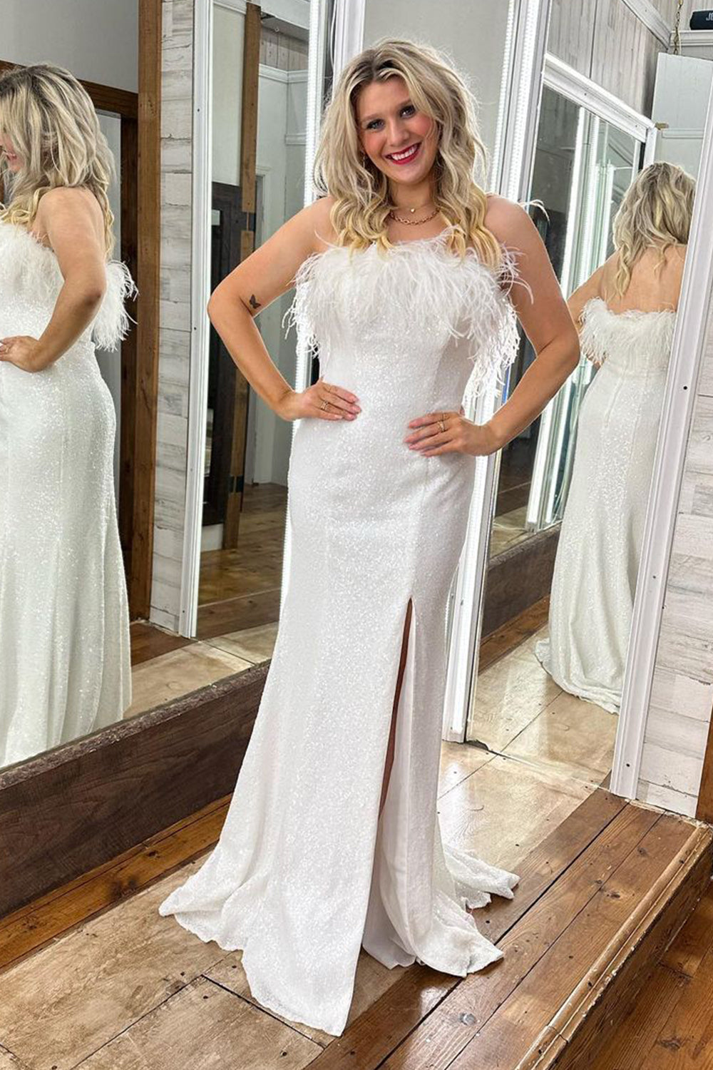 Mermaid Strapless Light Blue Sequins Long Prom Dress with Feathers