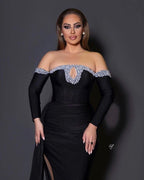 Deluxe Black Floor Length Long Sleeves Mermaid Satin Prom Dress with beads