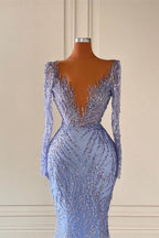 Deluxe Floor Length V-Neck Long Sleeves Mermaid Satin Prom Dress with Beads