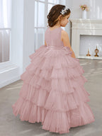 Ball-Gown/Princess Pearl Pink Sleeveless Tulle Bow Flower Girl Dress (010220814)