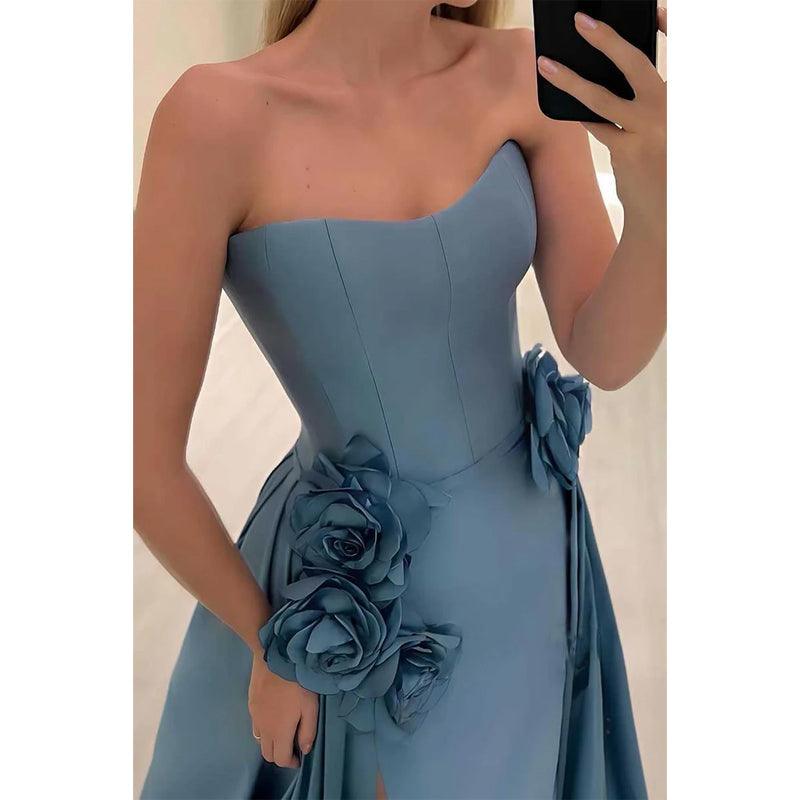 Satin A-line Sweetheart Floral Embossed with Slit Party Prom Evening Dress